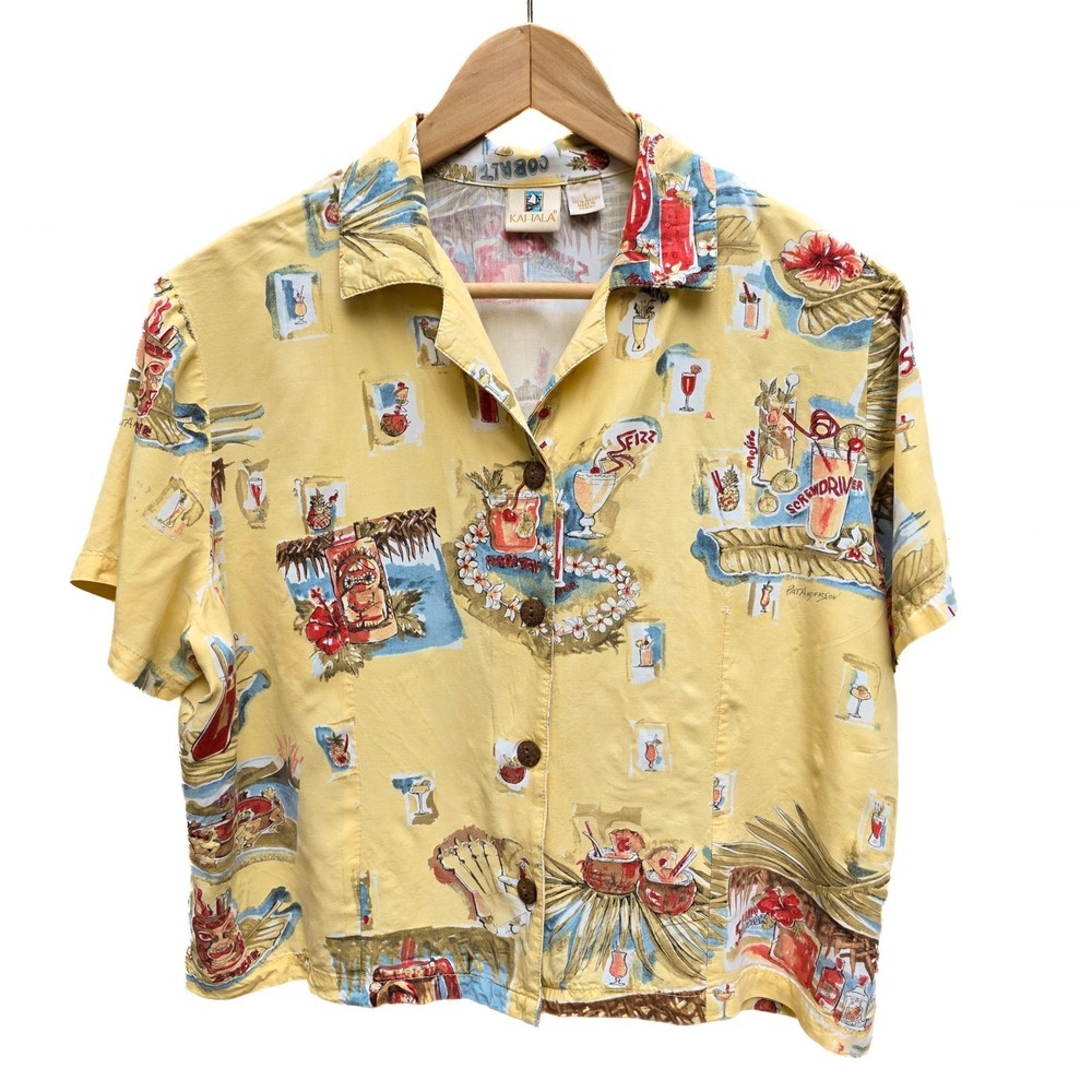Kahala Hawaiian Top Womens L Yellow Cropped Tropical Pat Anderson Tiki Aloha VTG
